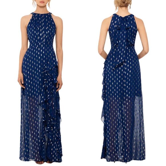 Betsy & Adam Dresses & Skirts - NWT Betsy & Adam Metallic Chiffon Front Ruffle Slit Halter Neck Sleeveless Gown